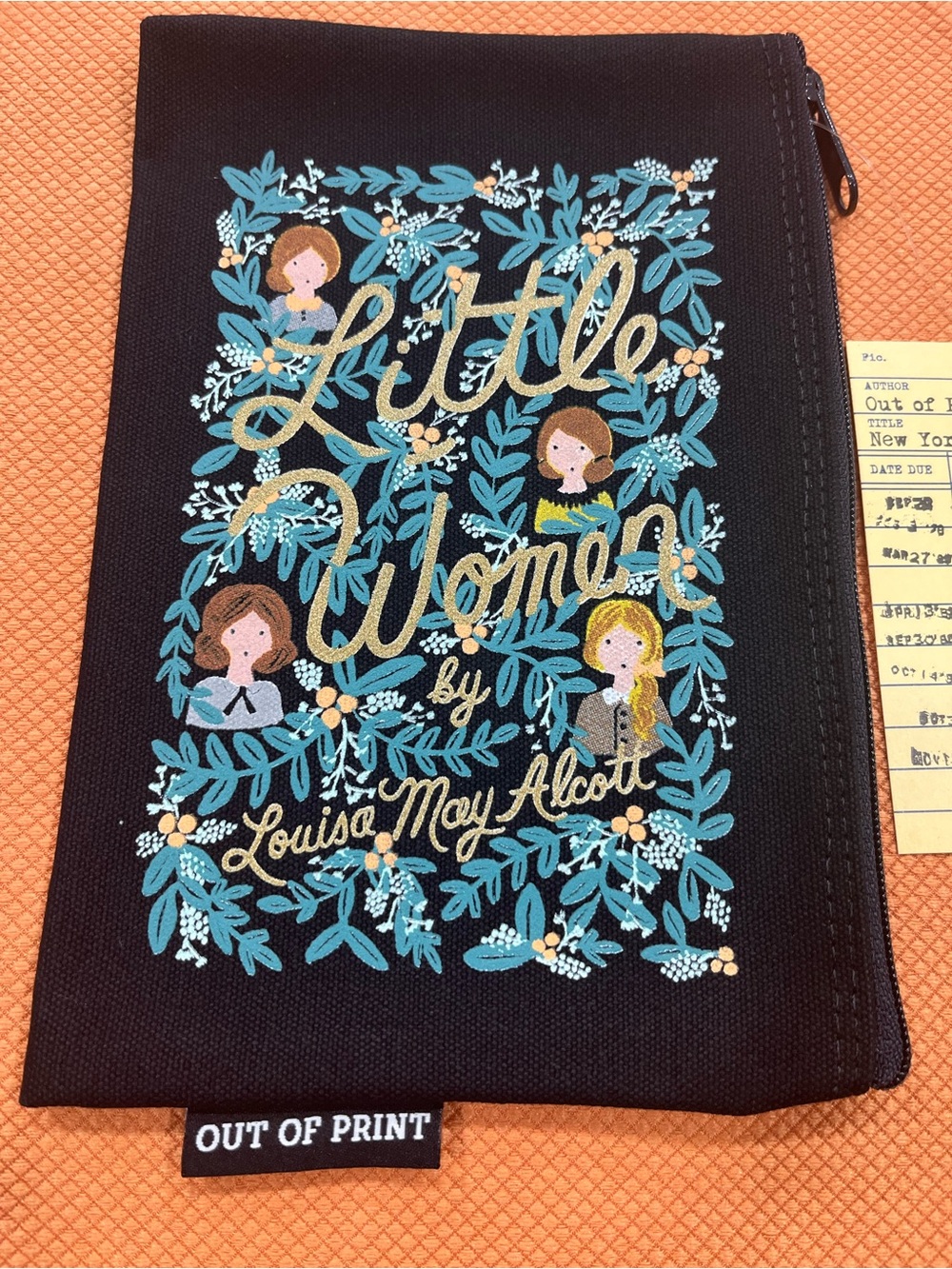 Out of Print Little Women Black Canvas Zip Pouch with Teal Floral Art